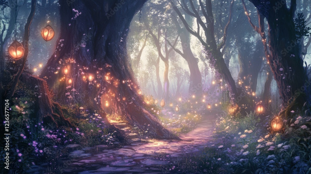 Poster Enchanted forest path illuminated by glowing butterflies at twilight in a serene woodland setting
