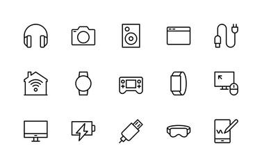 Electronic devices related vector linear icons set. Isolated icon collection such as headphones, camera, speaker, gadget and more.