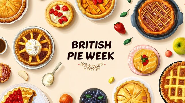 British Pie Week poster featuring colorful handmade pies and dishes on a beige background, flat lay composition - Powered by Adobe
