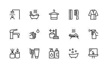 Showering and bathing related vector linear icons set. Isolated icon collection such as shower, bath, towel, comb, robe and more.