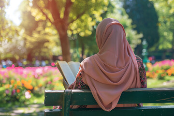 Young Arab woman in hijab reading book in sunny park surrounded by colorful flowers