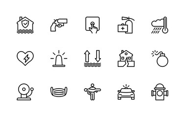 Emergency situations vector linear icons set. Isolated icon collection such as flood, gun, fire safety, earthquake and more.