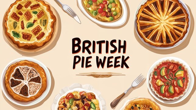 British Pie Week poster featuring colorful handmade pies and dishes on a beige background, flat lay composition - Powered by Adobe