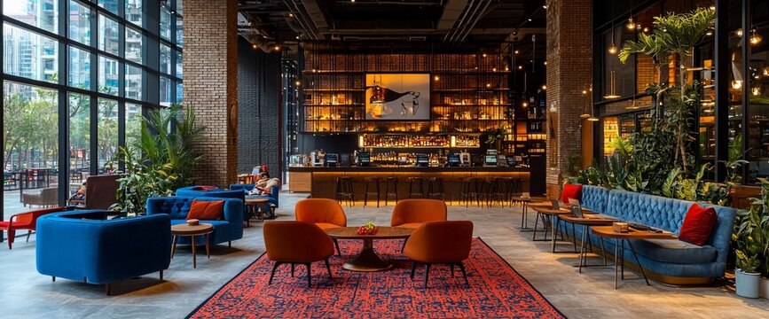 Modern hotel lobby with bar, lounge seating, and large windows.