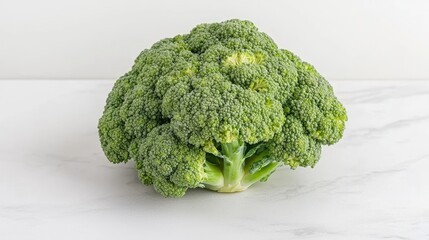 Fresh broccoli head on marble, kitchen background, healthy eating