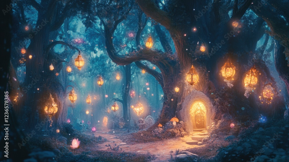 Aufkleber Enchanted forest path illuminated by glowing butterflies at twilight in a serene woodland setting
