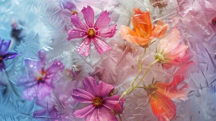 Abstract colorful art background with summer flowers frozen in ice