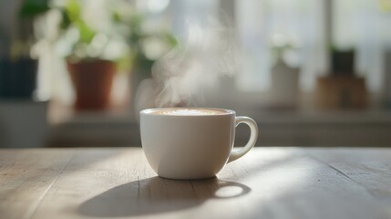 Obraz premium A steaming cup of coffee sits on a wooden table, with soft natural light and plants in the background, creating a cozy and inviting atmosphere.