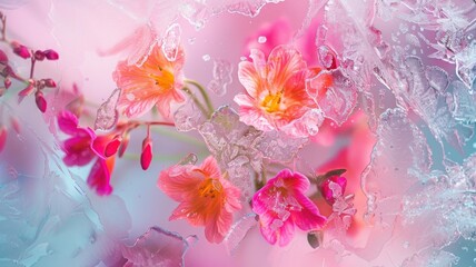 Abstract colorful art background with summer flowers frozen in ice