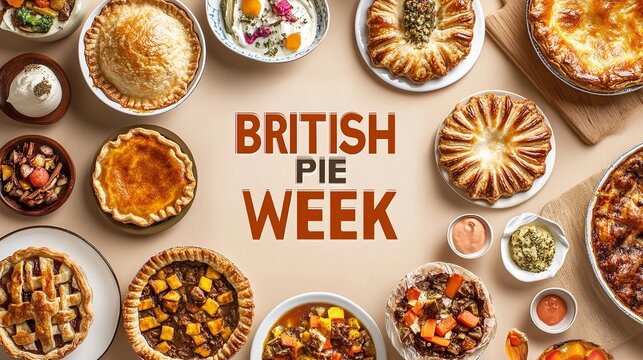 British Pie Week poster featuring colorful handmade pies and dishes on a beige background, flat lay composition