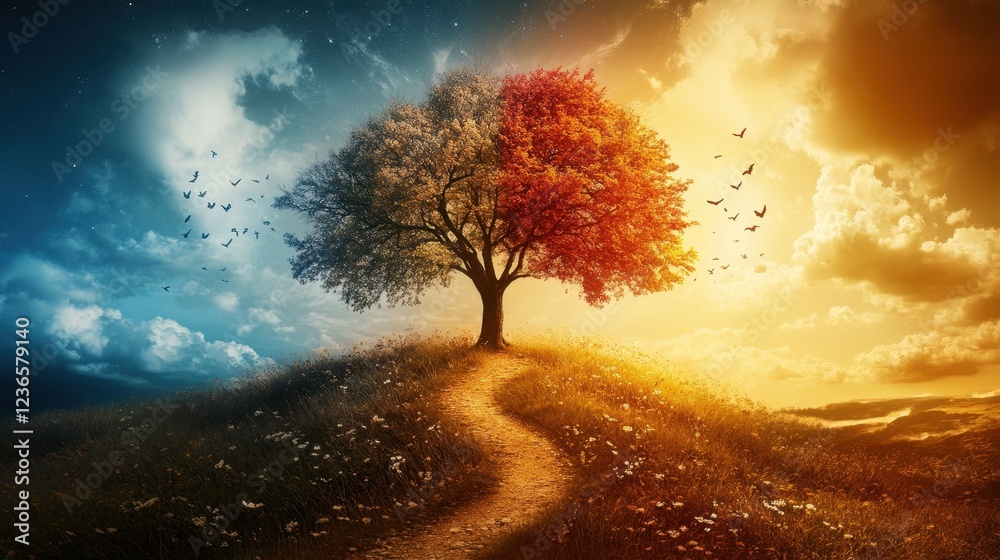 Poster contrast of seasons with a red autumn tree beside a white winter tree under a vibrant sky during lat