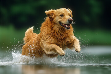 A golden retriever jumping in a lake, water splashing everywhere, surrounded by green forest scenery, high speed photography, vibrant and detailed.