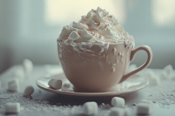 Obraz premium Indulging in rich hot chocolate topped with fluffy whipped cream and marshmallows. Generative AI