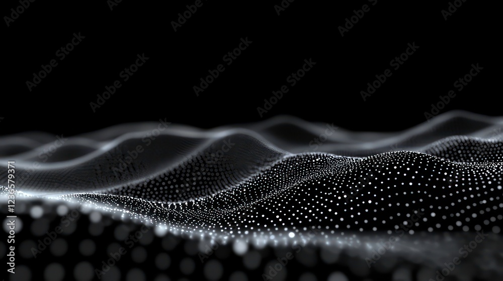 Poster abstract dark background with glowing particles forming wavy landscape.