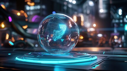 Fototapeta premium A 3D wireframe sphere glowing in shades of blue, surrounded by light trails and tech elements.