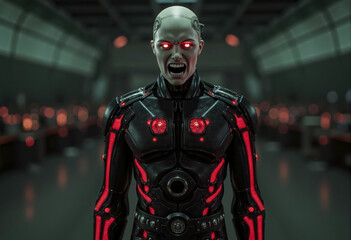 Futuristic Robot, Bald Head, Distorted Face, Red Eyes, Dimly Lit Room