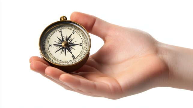 A hand holds a vintage compass, symbolizing navigation, adventure, and exploration on a clean background. - Powered by Adobe
