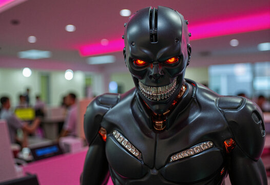 Futuristic Robot Head with Red Eyes, Black Metal Body, Indoor Pink and White Space, Blurred Background
