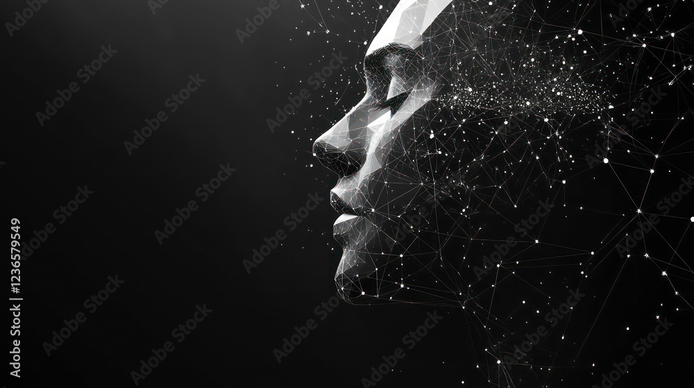 Poster abstract polygonal human face profile, dissolving into particles on dark background.