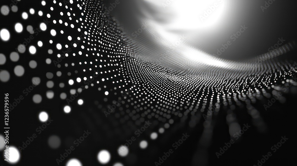 Poster abstract grayscale wave of dots, flowing into bright light.