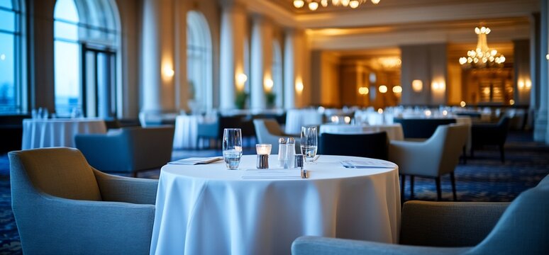 Elegant Restaurant Interior with Tables Ready for an Evening Dinner Service