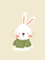 cute illustration of bunny. drawing of a rabbit is wearing green clothes. symbol of Easter, spring. cute drawing for kids. decoration for postcards