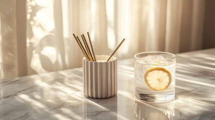 Sunlit refreshment: A glass of iced water with lemon and metallic straws.