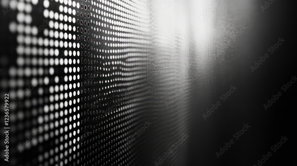 Poster abstract grayscale image of a matrix of dots, creating a perspective effect with light and shadow.