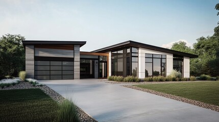 Modern Single-Story House with Flat Roof, Large Windows and Concrete Driveway on a Sunny Day