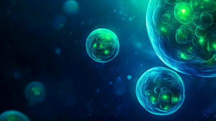 Fototapeta premium Close-up view of green cells under a microscope showcasing cellular structures in a dark background