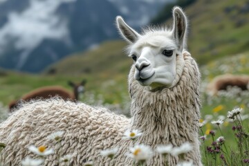 Obraz premium Llama grazes peacefully among wildflowers in a mountainous landscape under a cloudy sky during the day