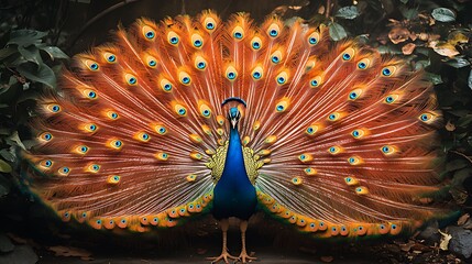 Majestic peacock displaying vibrant plumage, surrounded by lush foliage.