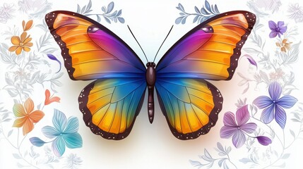 A colorful hand-drawn butterfly with vibrant gradients of orange, blue, and purple, surrounded by artistic floral patterns. A masterpiece in fine art and nature illustration.
