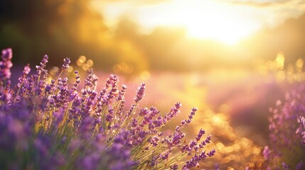 Obraz premium Rows of blooming lavender plants at sunset, with golden light illuminating the field.