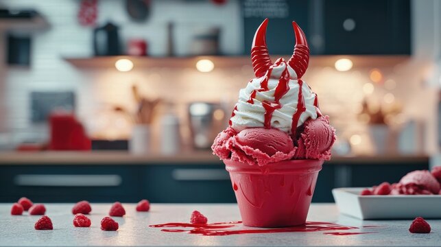 red sorft serve ice cream on kitchen couter top with red devil horns