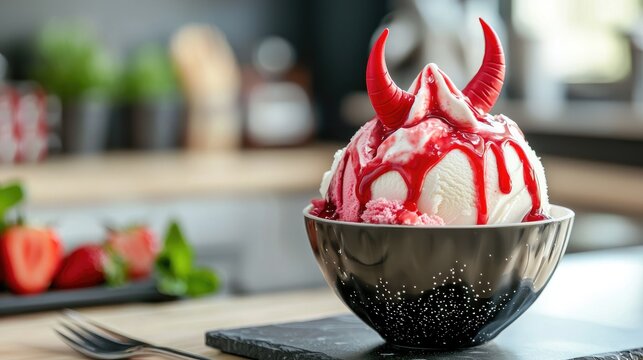 red sorft serve ice cream on kitchen couter top with red devil horns