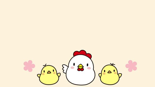 手をふるニワトリとヒヨコたちのかわいいアニメーション