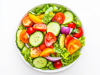 Freshly prepared colorful salad with assorted vegetables in a white bowl on a bright surface