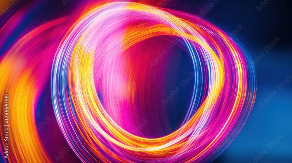 Poster Colorful light trails create an abstract display of vibrant hues during a nighttime artistic performance in an urban setting
