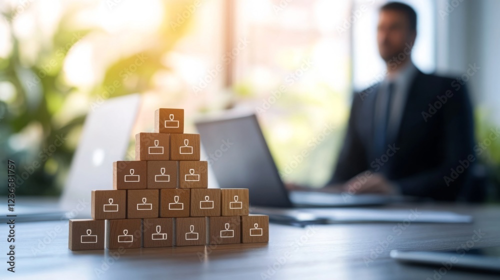 Poster a stack of wooden boxes with icons representing people sits on a desk, with a businessman in a suit 