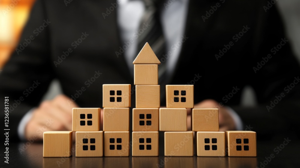 Poster A businessman arranges building blocks, symbolizing strategy and growth, with a focus on development and success in a corporate environment.