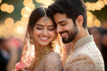 Joyful indian couple celebrating their wedding day with smiles and traditional attire in a festive outdoor setting