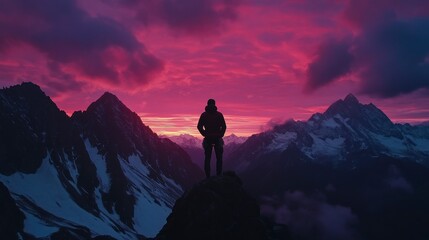 Fototapeta premium A silhouette of an athlete standing on the peak, overlooking breathtaking mountains and vibrant sunset sky. 
