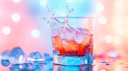 A Refreshing Cocktail with Ice Cubes, Splashing Water, and Colorful Lights