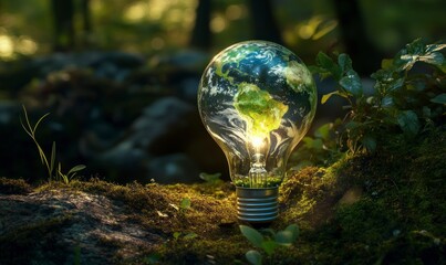 Green energy concept with a light bulb made of the Earth and a plant on a nature background, an eco-friendly idea for sustainable environmental protection