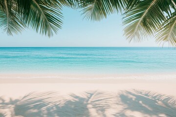 Fototapeta premium Tropical paradise with palm trees, white sandy beach, and crystal-clear turquoise ocean. A dream destination for vacation, relaxation, and exotic travel experiences