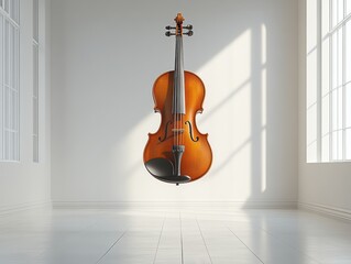 Violin suspended in a bright, minimalist room with sunlight streaming through large windows