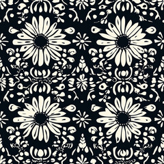 Floral pattern with black background featuring white daisies and intricate designs.