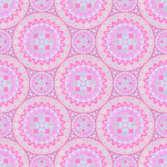 Seamless pattern with pink Indian floral ornament for fabric swatch or wrapping paper. Vector pastel abstract kaleidoscopic background