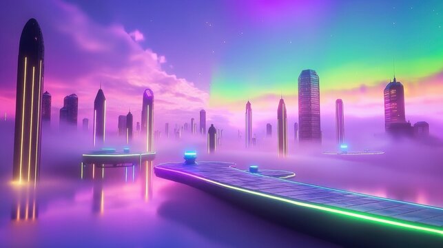 A futuristic alien cityscape with towering, glowing skyscrapers, floating platforms, and neon lights, under a vivid purple and green sky.